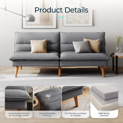 66" Futon Sofa Bed, Corduroy Futon Couch with 3-Position Adjustable Backrest, Convertible Sofa Bed Loveseat, Small Couches for Small Spaces, Living Room, Office, Guest Room (Grey)4