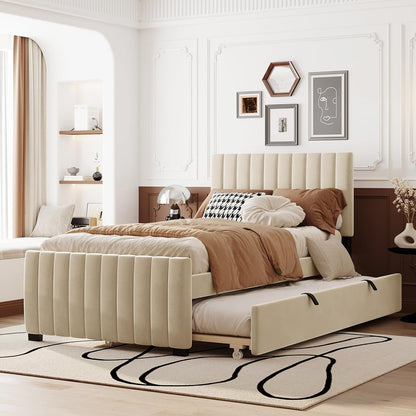 Twin Size Velvet Upholstered Platform Bed, Wood Bed Frame with Twin Size Trundle, Beige1