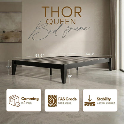 Thor Premium Solid Wood Bed Frame Queen, Japanese Joinery Bed Frame with Wood Slat Support, Platform Bed, No Box Spring Needed, Easy Assembly, Minimalist & Modern Style (Midnight Charcoal)2