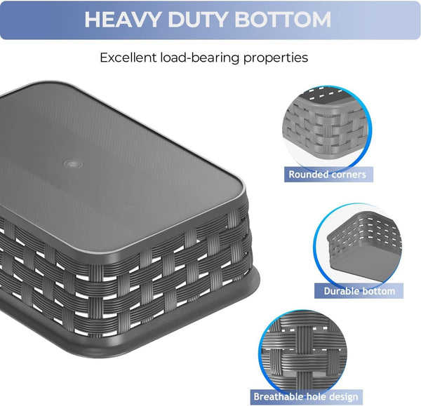 3 Pack Small Plastic Basket, Storage Bin Baskets for Organizing, Pantry Organizer Household Wicker Storage for Laundry Room, Bedrooms, Kitchens, Cabinets, Countertops, Dark Gray2