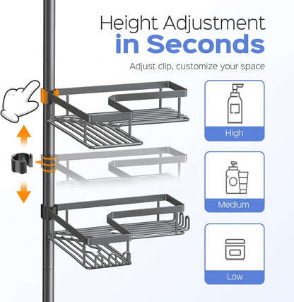 Shower Caddy Tension Pole: 4-Tier Corner Bathroom Organizer Shelf with Soap Holder & Hooks - No-Drill Adjustable Standing Storage Rack for Apartment Renters - 47-123 Inch Black4