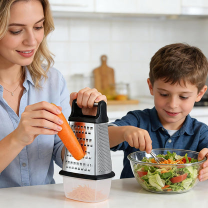 Cheese Grater, Handheld Box Grater with Container & Lid, 4-Sided Stainless Steel for Kitchen, Wavy Julienne, Slicer, Coarse Shred & Fine Zester, Non-Slip Base, Dishwasher Safe, 8 Inch8