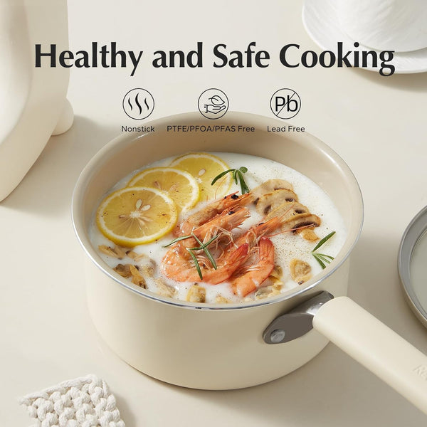 Ceramic Nonstick Saucepan with Lid, 2.5QT Small Cooking Pot, Non Toxic Sauce Pans for Kitchen, Cool Handle PFAS Free Compatible with All Cooktops, White4