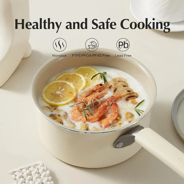 Ceramic Nonstick Saucepan with Lid, 1.5QT Small Cooking Pot, Non Toxic Sauce Pans for Kitchen, Cool Handle PFAS Free Compatible with All Cooktops, White4