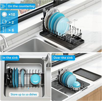 Sink Dish Drying Rack - Expandable Small Dish Rack over Sinks with Silicone Drying Tray, Dish Drainer for Kitchen Counter with Cutlery Holder, Drying Rack Fit for 14’’-19’’ Kitchen Sink2