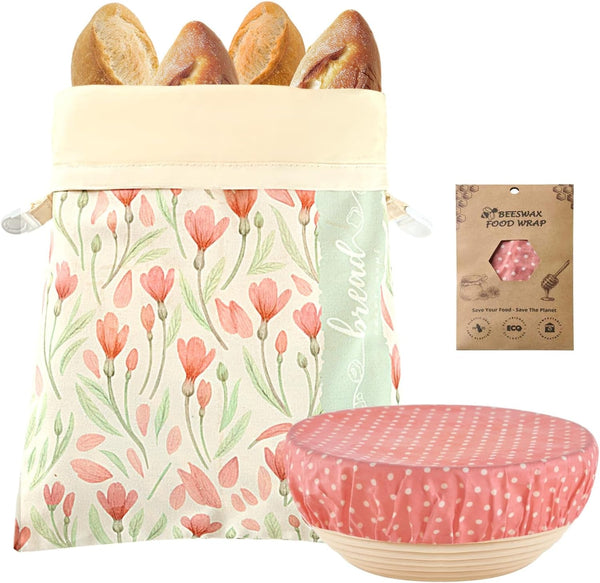 Beeswax Bread Bag and Bowl Cover Set, Reusable Beeswax Bread Bag for Sourdough and Homemade Bread, Natural Lined Cotton Bowl Cover for Dough Proofing, Perfect for Baking and Storage1