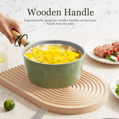Ceramic Nonstick Sauce Pan with Lid, 2 Quart Cooking Pot, Small Saucepan with Steamer, PTFE& Pfas-Free, Wooden Handle for Cool Touch, Universal Base(Gas, Electric & Induction), Green4