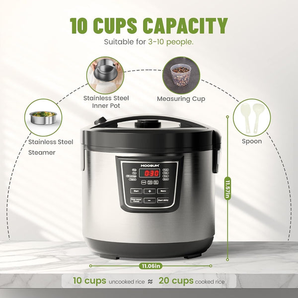 20 Cup Cooked (10 Cup Uncooked) Rice Cooker with 8 Functions, Healthy Cooking Stainless Steel Pot & Steamer, Removable Inner Cover, Stainless Steel Silver5