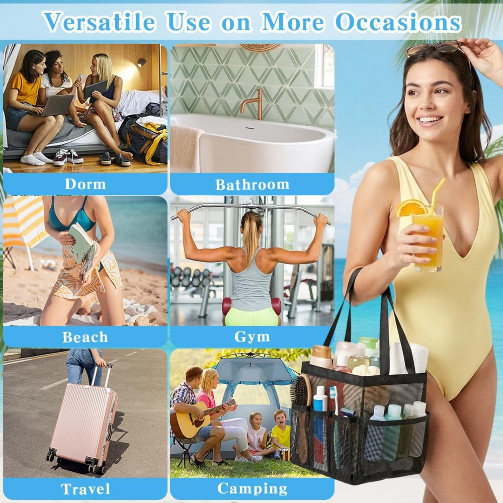 mesh-shower-caddy-portable-black-beach-tote-bag-for-bathroom-dorm-essentials-quick-dry-toiletry-organizer-large-with-2-handles-9-pockets-for-swim-pool-gym-college-camp-travel-women-men-basket-bag