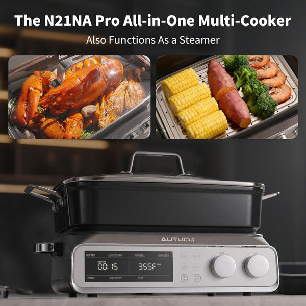 N21NA Pro Slow Cooker 10 Quart, 8-In-1 Programmable Pfoa-Free Ceramic Coated Multi-Cooker with Grill Pan, Steaming Plate (Includes Silicone Spoon & Tongs)3