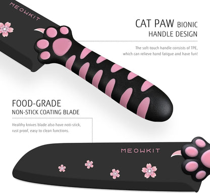 Cute Kitchen Knife Set, Dishwasher Safe, 5 Pieces Non-Stick Knives,Sharp for Chopping, Slicing, Dicing and Cutting, Cat Paw Handle3