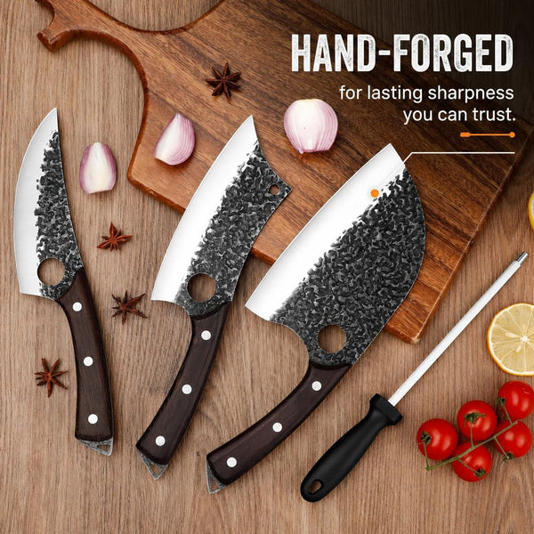 Forged Butcher Knife Set: Comfortable Handle for Long Use - 3PCS Viking Kitchen Knives Set for Mens - Handmade Cooking Meat Cleaver for Cutting and Chopping5