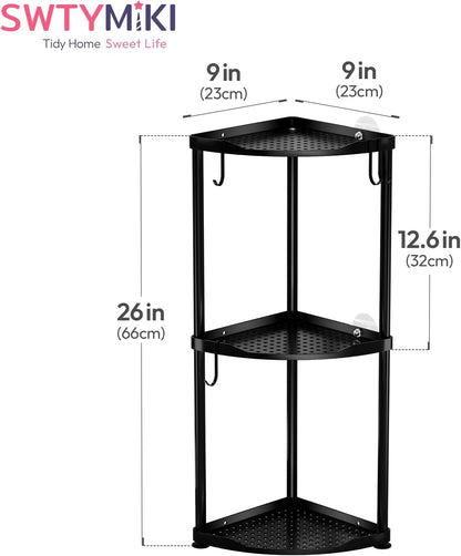 Corner Shower Caddy Standing - 3 Tier Stainless Steel Shower Organizer Stand, Large Capacity Floor Shelf with 4 Hooks, Rustproof Bathroom Storage Rack, Black7