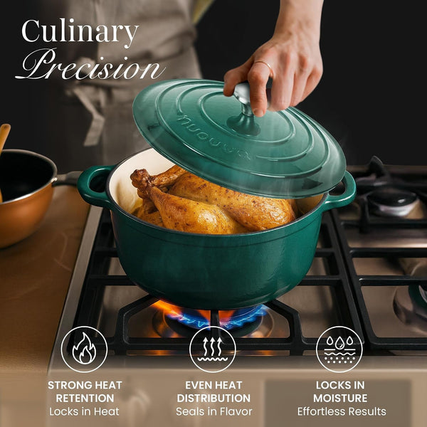 Enamelled Cast Iron Dutch Oven Pot with Lid-6.4 Quart Non Stick Casserole Pot-Heavy Duty & Oven Safe up to 500° F for Bread Baking, Braising, Stews, Roasting - 28Cm Dark Green7