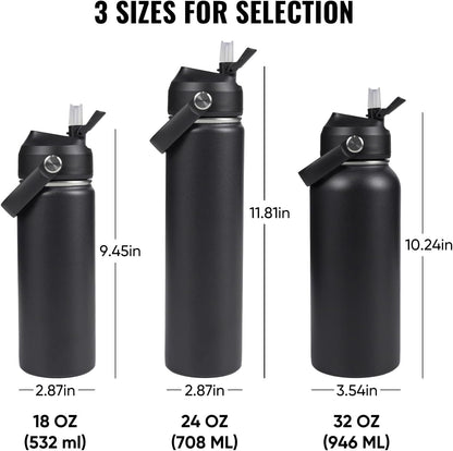 18Oz Insulated Stainless Steel Water Bottle, Wide Mouth Double Wall Vacuum, Silicone Straw, Sweat & Leak Proof, BPA Free Insulated Water Flask for Travel, Keep Cold 24H Hot 12H, Black2
