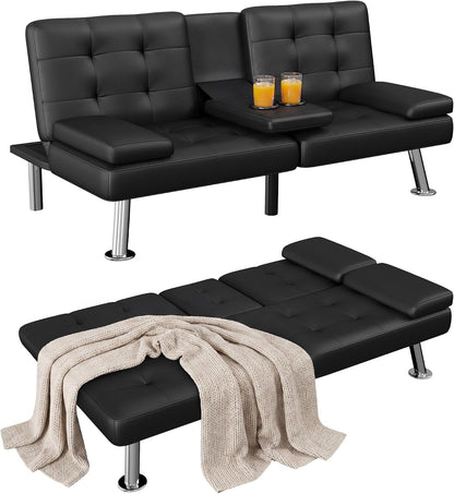 Black Faux Leather Futon Sofa Bed, Loveseat with Adjustable Backrest | Futon Couch with Removable Armrests, Recliner Sleeper Sofa Bed with Dual Cup Holders for Living Room, Apartment, Office|Black1