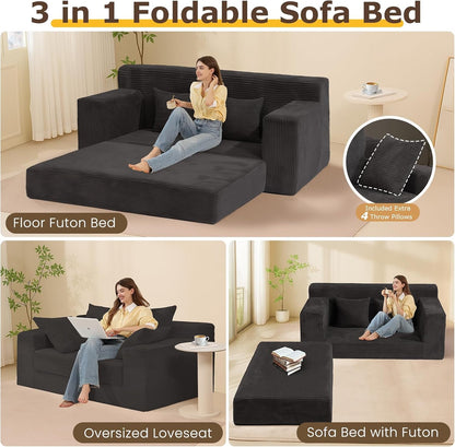 Convertible Sofa Bed, Boneless Loveseat Folding Couch Bed Foldable - 3 in 1 Small Ccouch & Futon Sofa Bed, Corduroy Pull Out Couch with 4 Pillows for Living Room, Black3