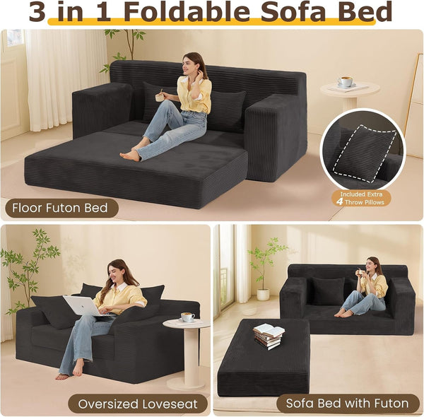 Convertible Sofa Bed, Boneless Loveseat Folding Couch Bed Foldable - 3 in 1 Small Ccouch & Futon Sofa Bed, Corduroy Pull Out Couch with 4 Pillows for Living Room, Black3