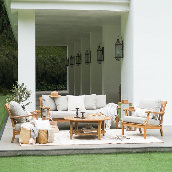 Robin Teak Wood 4 Piece Patio Conversation Set with Oyster Cushion, Patio Furniture Set with Sofa Bed, 2 Outdoor Club Chairs, and 1 round Coffee Table, Weather-Resistant1