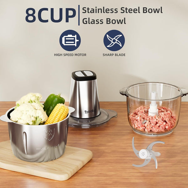 Electric Food Processor Vegetable Chopper, Easy Clean Meat Grinder with 2 Bowls (8 Cup Stainless Steel+8 Cup Glass), Small Food Mixer for Fruits/Meat/Nuts/Fish/Veggie/Pet Food/Baby Food2