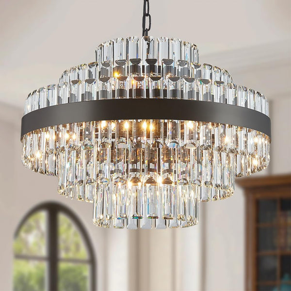 Black Modern round Crystal Chandelier, 12-Lights Luxury Chandeliers Modern 3-Tiers K9 Crystal Chandelier Pendant, Light Fixture G9 Lights for Dining Living Room Kitchen Dia 23 Inch1