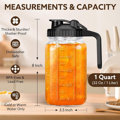 32 Oz Breast Milk Pitcher, 1 Quart Glass Mason Jar with Lid | Bpa-Free,Double Leak-Proof Lid,Wide Mouth,Thick Glass,Sturdy Handle ,Measurement Marks,Flip Cap ,Smooth Spout5