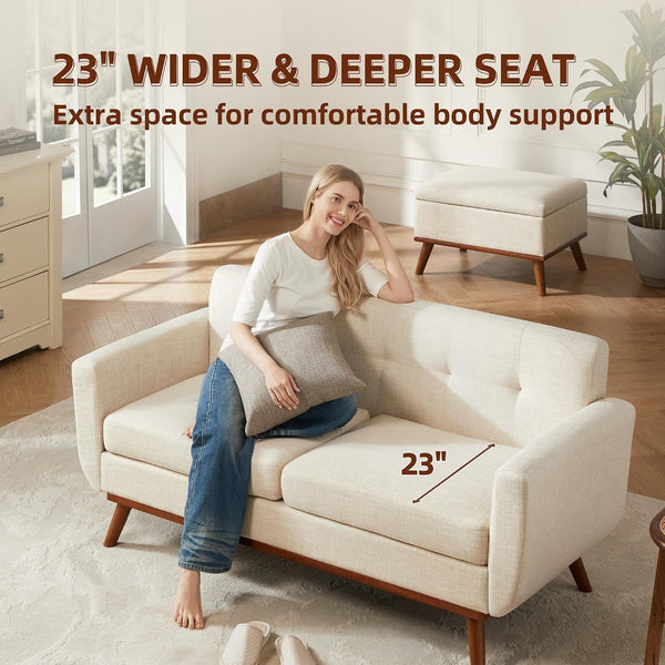 65.2" W Loveseat Sofa, Mid Century Modern Decor Love Seat Couches for Living Room, Button Tufted Upholstered Furniture, Easy to Install Small Couch for Bedroom Office Apartment, Beige3