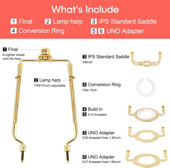 2 Pack  7 8 9 10 Inch Lamp Shade Harp Holder,Adjustable Lamp Harp Kit,Fit 3/8 IP Standard,E14,E26,E27 Light Base UNO Fitter Adapter,Golden Horn Frame Lampshade Bracket (Golden)+2