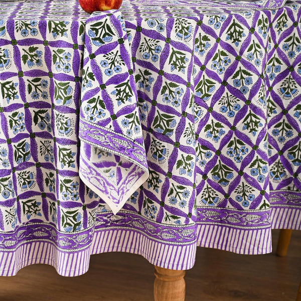 Hand Block Printed Tablecloth, Colorful Floral Print, Indian Artisan Handmade Art, Dining Room, Kitchen, Outdoor Party Decor, 100% Cotton, (Royal Purple Flora, 8 Seater 72 X 108 Inches Rectangle)8