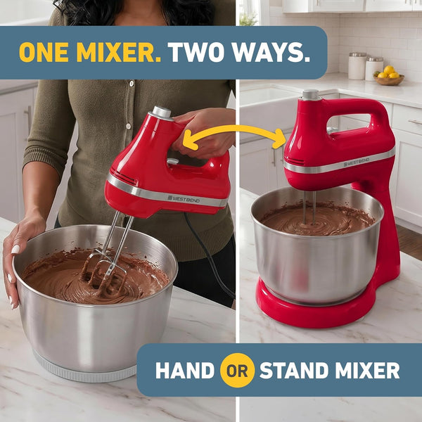 Two Sweet 2-In-1 Hand & Stand Mixer, 11 Speeds with Turbo Boost, 4.4 Qt Rotating Bowl, Dough Hooks, Beaters & Whisk, Tilt-Head Design, 550 Peak Watts, Red2