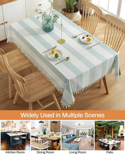 Stitching Tassel Tablecloth Striped Table Cloth Rectangle Cotton Linen Dust-Proof Table Cover for Kitchen Dinning 54 X 70 Inch Teal5