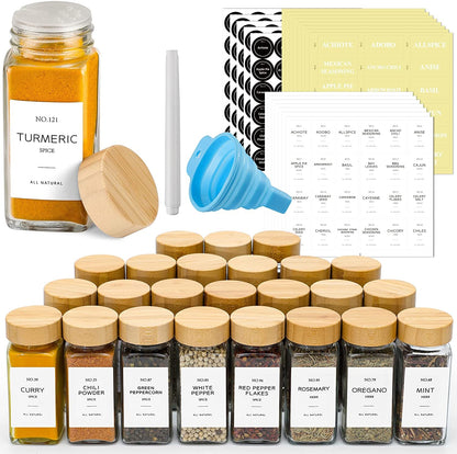 24 Pcs Glass Spice Jars with Bamboo Lids, 4 Oz Glass Jars with Minimalist Farmhouse Spice Labels Stickers, Collapsible Funnel, Seasoning Storage Bottles for Spice Rack, Cabinet, Drawer1