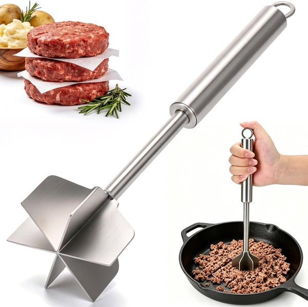 Meat Masher, 11 Inch Stainless Steel Ground Beef Masher with 6-Blade Head, Heavy Duty Meat Chopper for Ground Beef, Hamburger Smasher Tool for Potatoes, Chicken and Meal Prep1