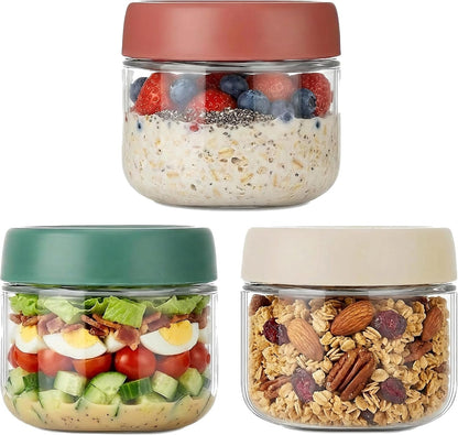 3Pack Overnight Oats Containers with Lids,10Oz Glass Jar with Scew Lid,Salad Dressing Fruit Veggies Sauce Snacks Meal Prep Food Containers,Spice Jars,Wide Mouth Storage Containers1