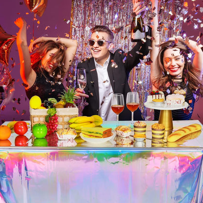 4 Pack Iridescent Plastic Tablecloths, Disposable Table Covers | Shiny Laser Rectangle Holographic Foil Tablecloth for Iridescent Birthday Party Supplies Decorations7