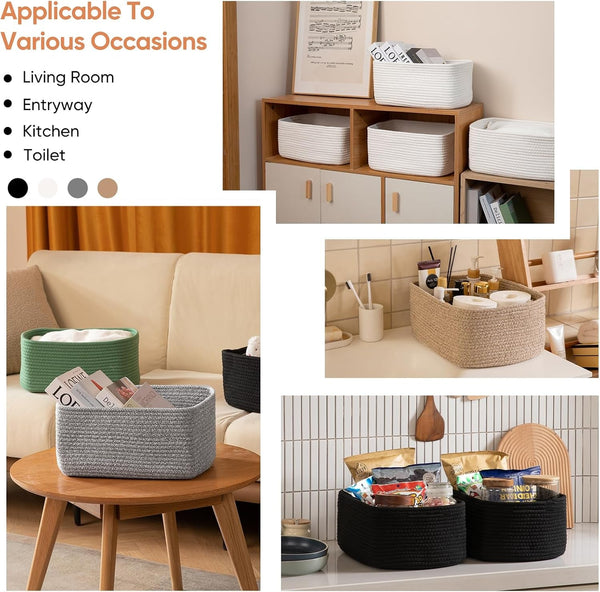 4 Pack 14.17 * 11.02 * 6.3IN Storage Baskets for Organizing Shelves, Woven Rope Baskets for Organizing Books, Clothes, Decorative Basket for Living Room, Nursery, Bedroom, Gift Basket, White5