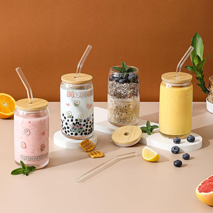 [ 12Pcs Set ] Glass Cups with Bamboo Lids and Glass Straw - Beer Shaped Drinking Glasses, 16 Oz Iced Coffee Glasses, Cute Tumbler Cup for Smoothie, Boba Tea, Whiskey, Water - 4 Cleaning Brushes4