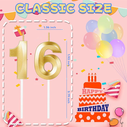 Sweet 16 Birthday Decorations, Gold Number 16 Candles for Cake2