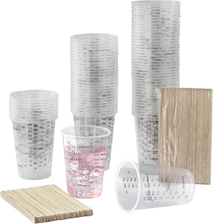 80Pcs Paint Mixing Cups, DV 8Oz Graduated Clear Plastic Measuring Cups with 80Pcs Wooden Stirring Sticks for Mixing Paint, Pigments, Epoxy Resins, Resins1
