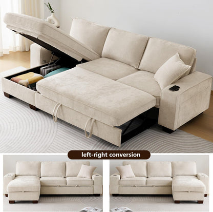 99" Convertible Sleeper Sofa Bed,L Shaped with Storage Chaise Pull Out Couch for Living Room,Usb and Type-C,Removable Washable Chenille Covers (Beige)4