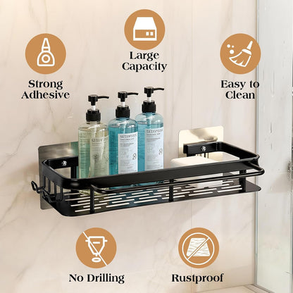 No-Drill Adhesive Shower Caddy, Black Aluminum Shelves 2-Pack5