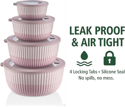 Plastic Mixing Bowls with Lids, 8-Piece Airtight Leak-Proof Nesting Bpa-Free Prep Bowl Set for Kitchen & Food Storage, 500Ml, 1300Ml, 2600Ml & 4200Ml, Microwave & Dishwasher Safe (Pink)8