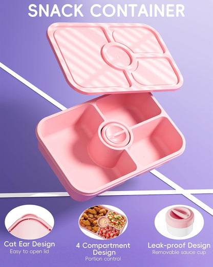 4 Pcs Bento Snack Box Containers, 4 Compartment Divided Stackable Food Storage Containers with Lids, Meal Prep Lunch Container with Sauce Cups4