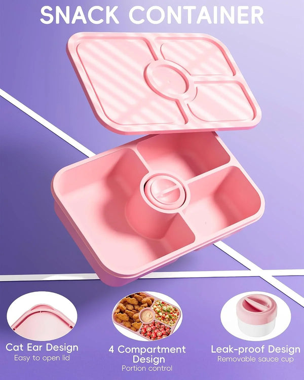 4 Pcs Bento Snack Box Containers, 4 Compartment Divided Stackable Food Storage Containers with Lids, Meal Prep Lunch Container with Sauce Cups4