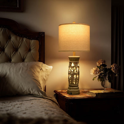 27.25”Farmhouse Table Lamps Set of 2 with Night Light, Rustic Bedside Lamp2