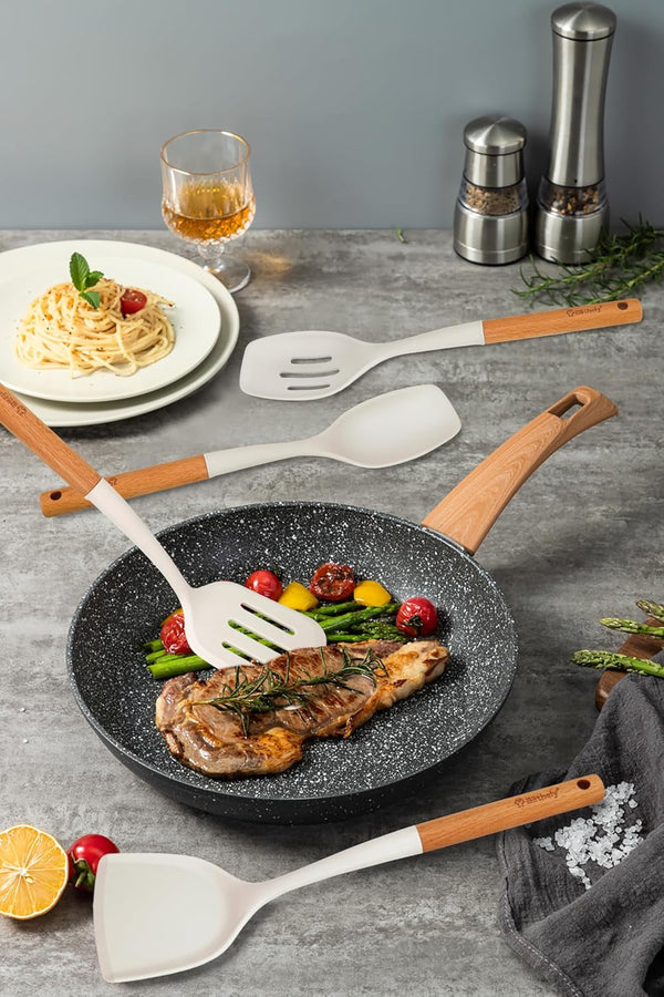 4PCS Silicone Cooking Spatula and Spoons Set, Nonstick Kitchen Utensils Set with Wood Handle, Heat Resistant Silicone Solid and Slotted Spatula Set with Turners, Serving Spoons(Cream White)6