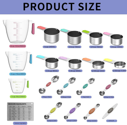 Measuring Cups and Spoons Set for Cooking & Baking, 5 Stainless Steel Magnetic Measuring Cups, 3 Plastic Measuring Cup, 7 Magnetic Measuring Spoons, 1 Leveler, 1 Measuring Conversion Chart2
