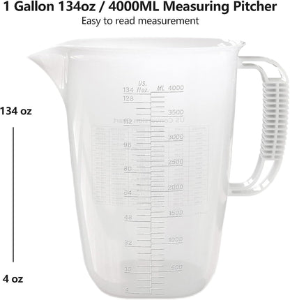 1 Gallon Measuring Pitcher-Convenient Conversion Chart,134Oz Extra Large Plastic Measuring Cup-Strong Food Grade Material,Graduated Mixing Pitcher Great for Lawn,Pool Chemicals, Motor Oil and Fluids2