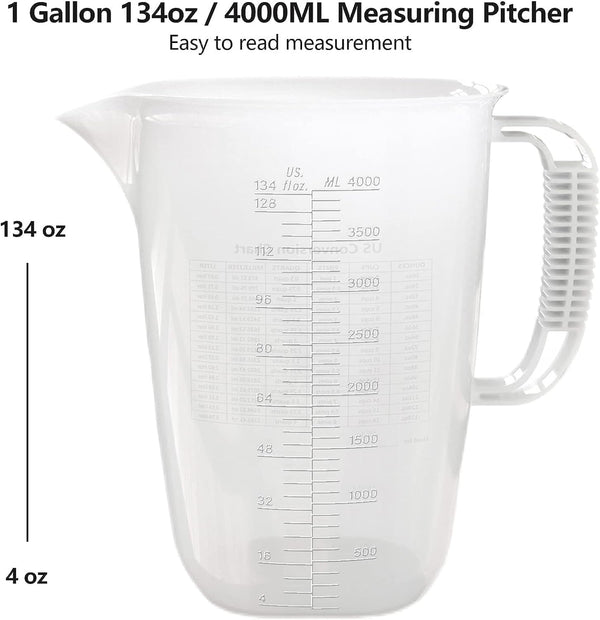 1 Gallon Measuring Pitcher-Convenient Conversion Chart,134Oz Extra Large Plastic Measuring Cup-Strong Food Grade Material,Graduated Mixing Pitcher Great for Lawn,Pool Chemicals, Motor Oil and Fluids2