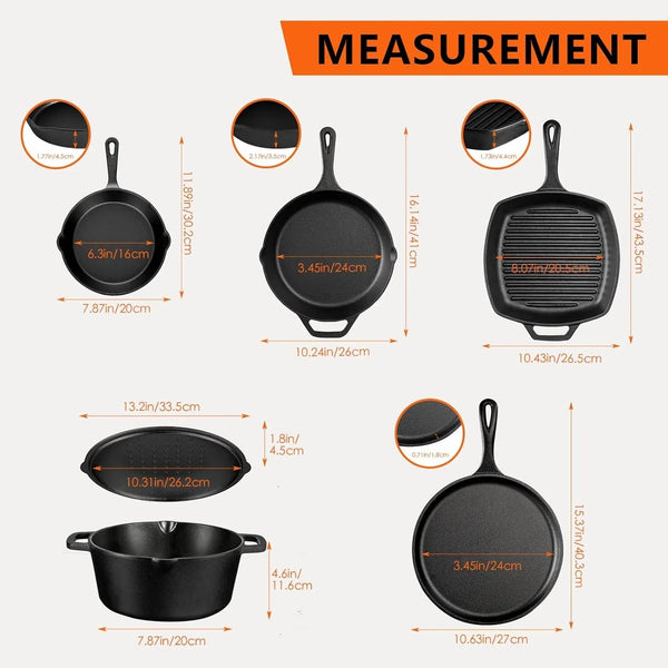 6 Piece Pre-Seasoned Cast Iron Cookware Set – Incl. 5QT Dutch Oven with Lid, 8'' and 10.25'' Cast Iron Skillets, 10.5'' round Griddle, and a Square Grill Pan for Kitchen, Stovetop, & Camping2